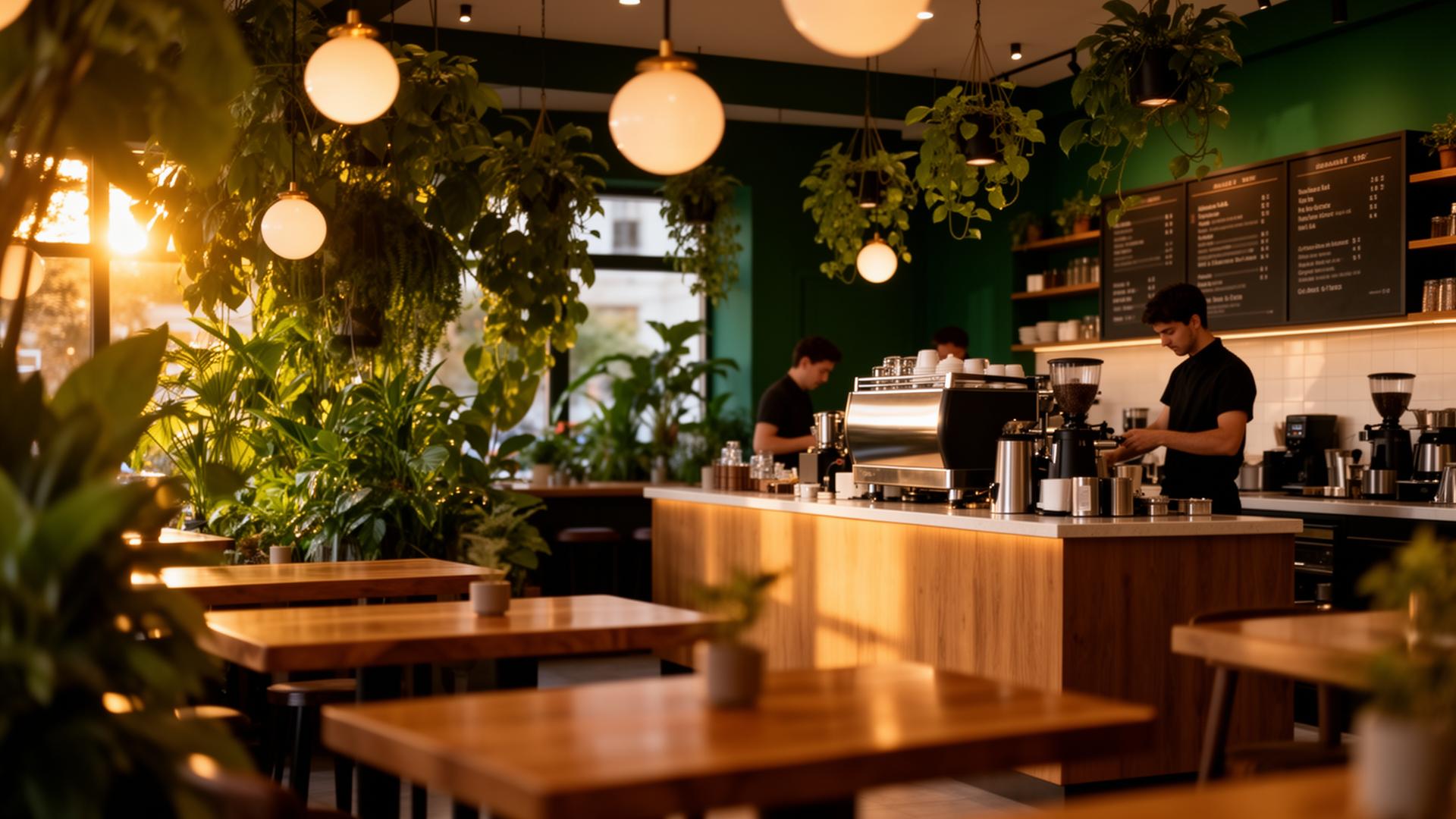 Cozy modern café interior with greenery and warm lighting
